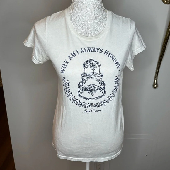 Juicy Couture “Why Am I Always Hungry” T-Shirt with Crystals Sz. M - Picture 1 of 6